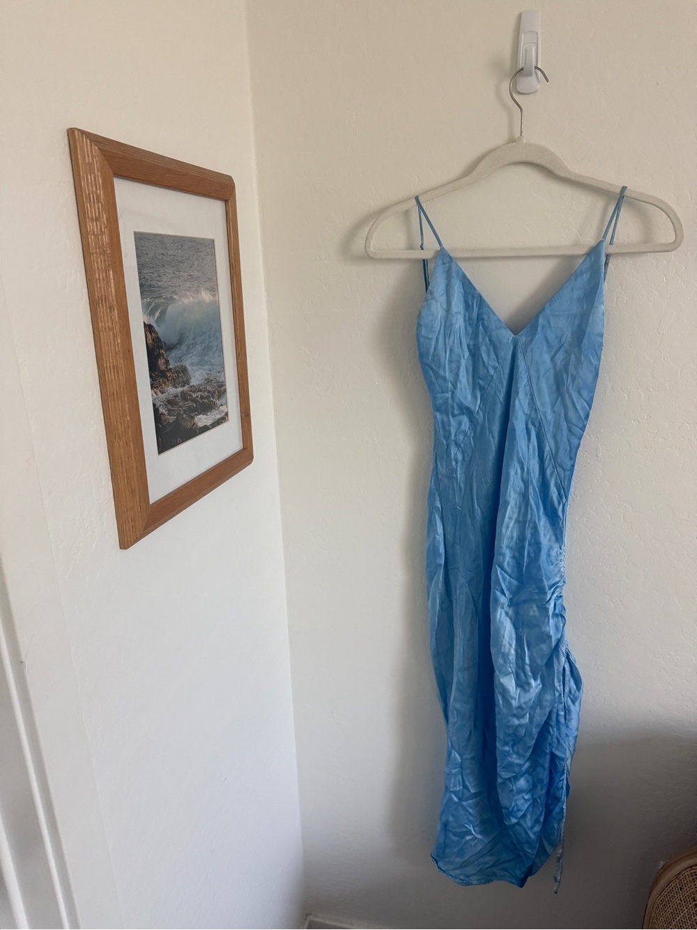 SVNR Vee Maxi Slip Dress Sky Blue 100% Silk Ruched - Picture 2 of 6